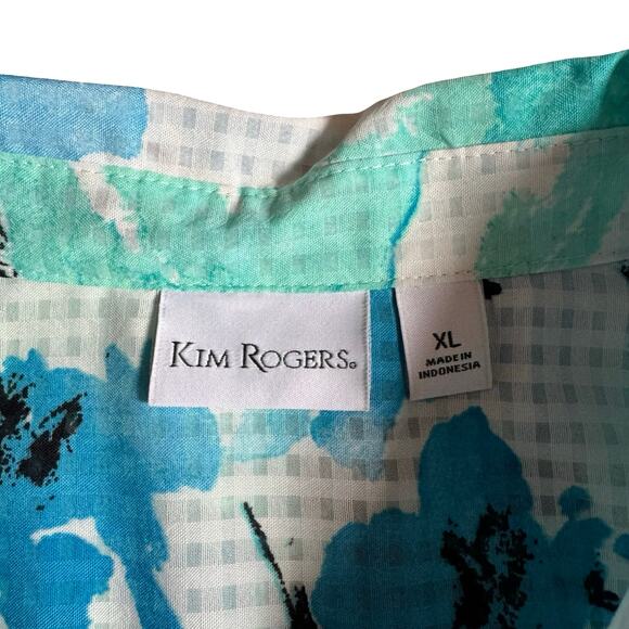 Kim Rogers Floral Button Front Blouse XL Blue White Roll Sleeve NWT - Picture 2 of 10